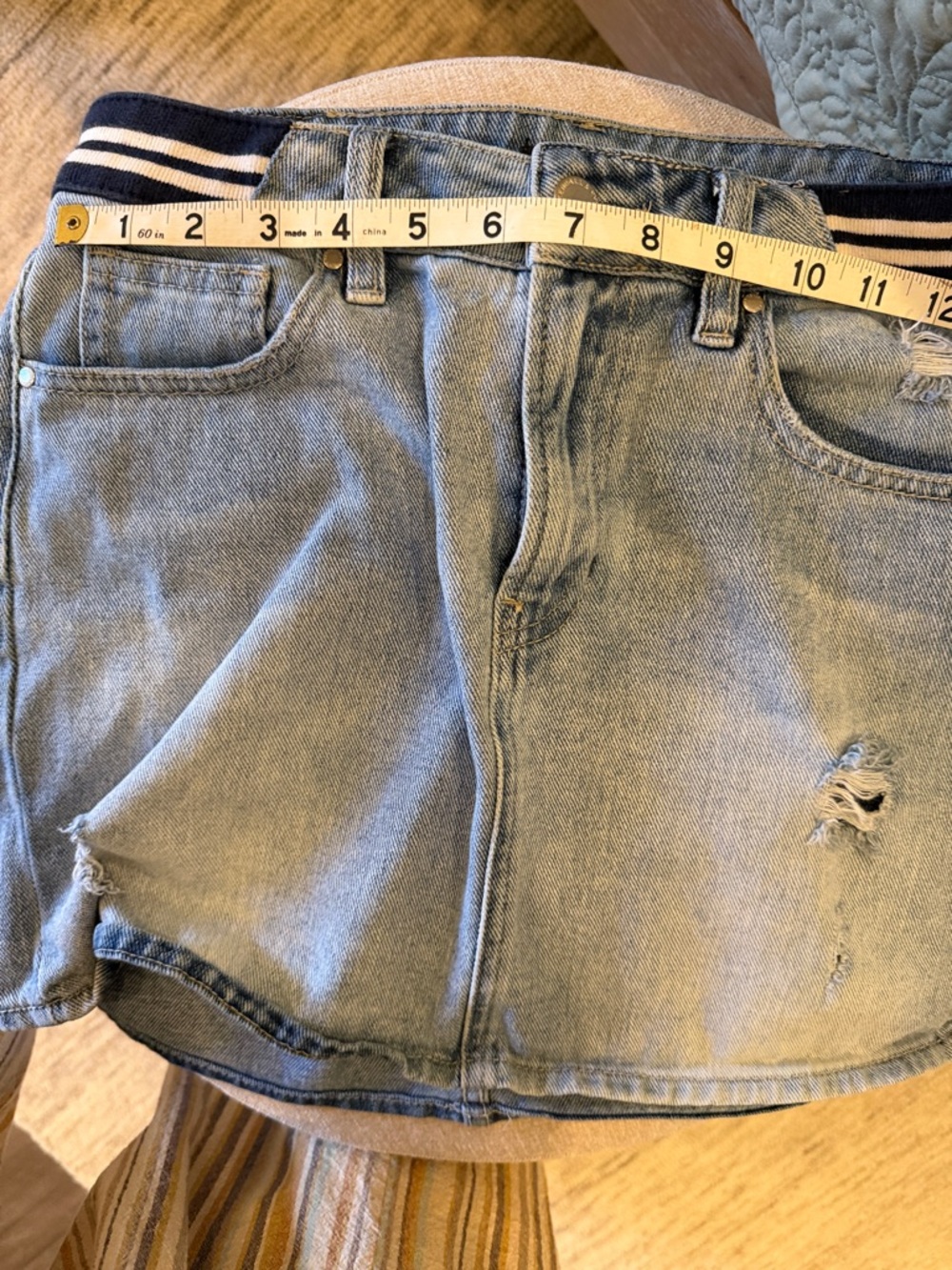 Kendall & Kylie Light Blue Distressed Denim Mini Skirt with Navy-White Band - Picture 6 of 7
